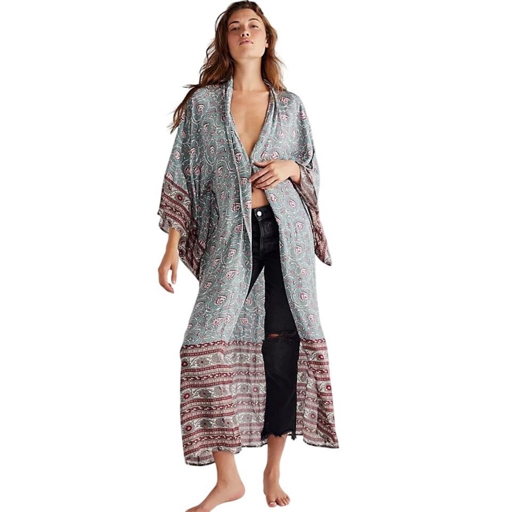 Free People Mint Paisley Duster Kimono with Burgundy Trim